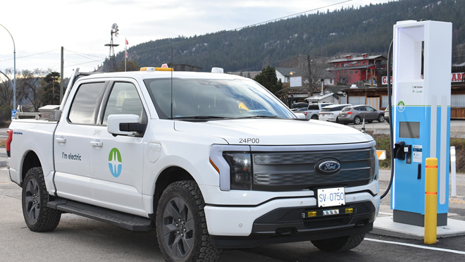 A BC Hydro branded electric F-150 Lightning charging at an ultra-fast 350 kW BC Hydro public charger in Lake Country, B.C. A BC Hydro branded electric F-150 Lightning charging at an ultra-fast 350 kW BC Hydro public charger in Lake Country, B.C.